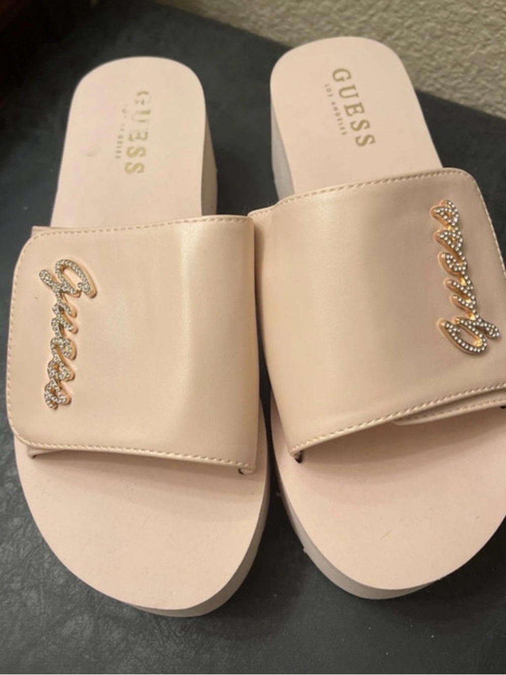 Guess Pale Pink Slip-On Platform Slides with Rhinestone Logo